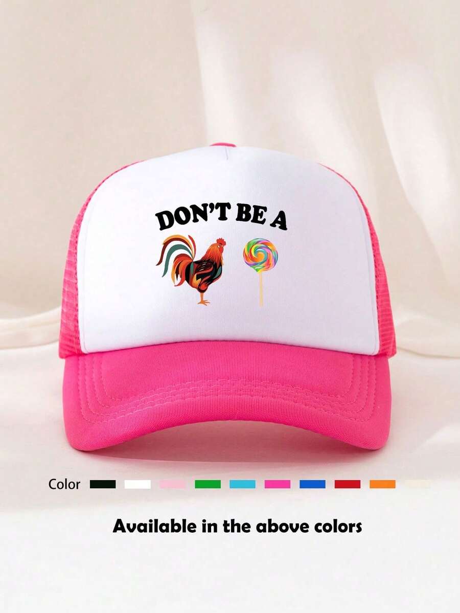 Funny Printed Mesh Baseball Cap With Rooster And Lollipop Design For Adults WhitePink