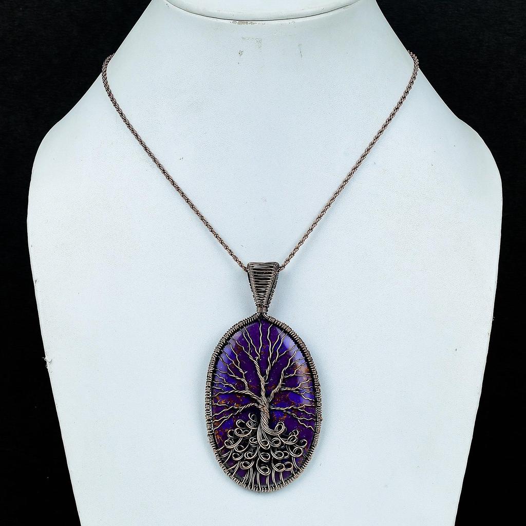 Purple Copper Turquoise Pendant, Handmade Gemstone 999 Copper Wire Wrap Tree Of Life Pendant Antique Jewelry, For Gift Copper Jewelry