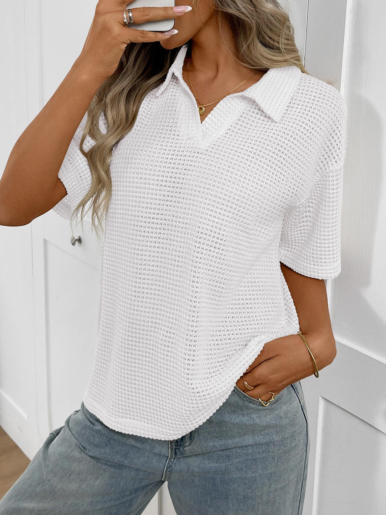 Striped Polo Collar Short Sleeve Knit Top S белый