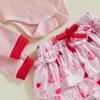 Baby Mädchen Valentinstags-Outfit Buchstabenstickerei Langarm-Strampler mit Herz-Print-Rock und Schleifen-Stirnband Stulpen