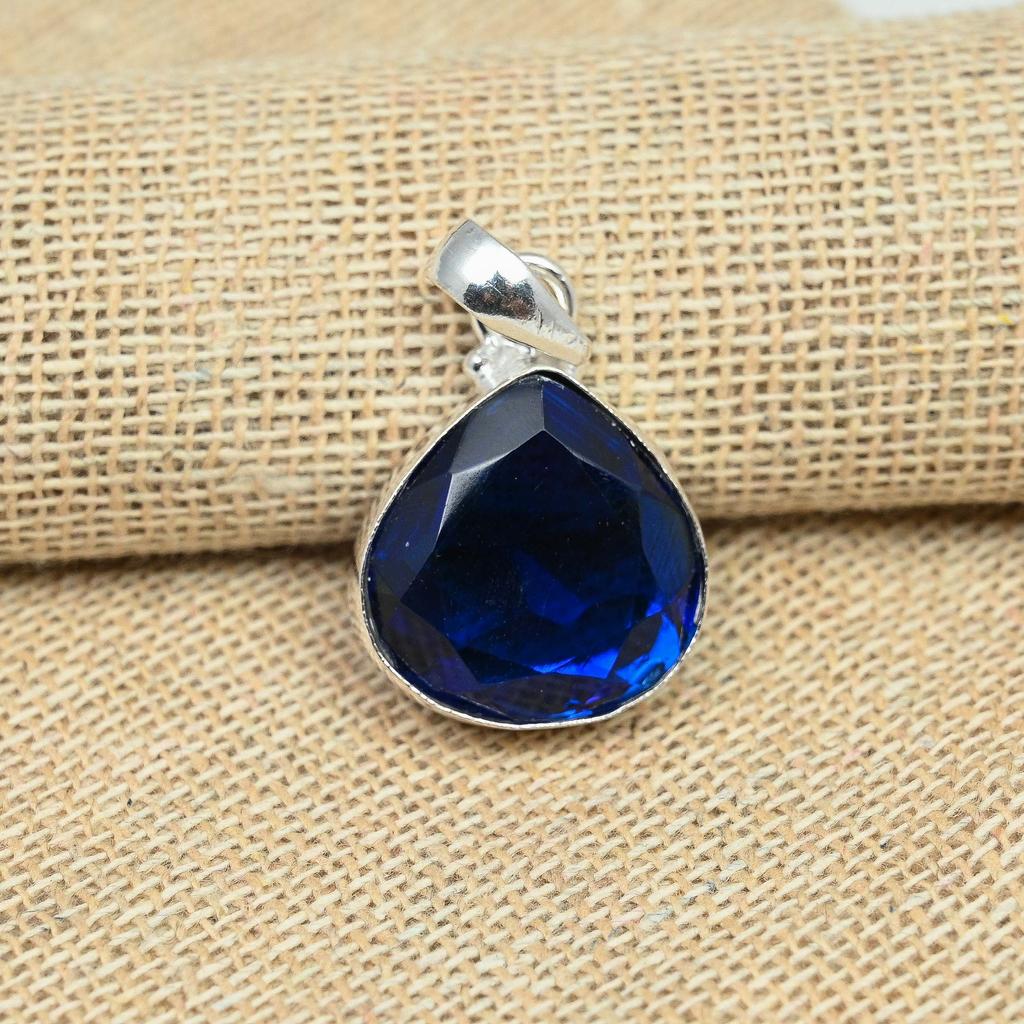 Solid 925 Sterling Silver Blue Sapphire Lab-Created Handmade Gemstone Jewelry Pendant