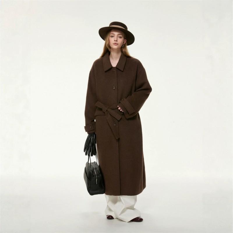 2026 Winter Cashmere Blend Coat Womens Double-Breasted Long Loose Fit Solid Color Overcoat