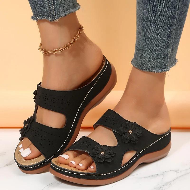 Fashion Fashion Flowers Platform Slippers for Women Summer Slip On Pu Leather Wedges Sandals Woman Comfort Non-Slip Beach Flip Flops