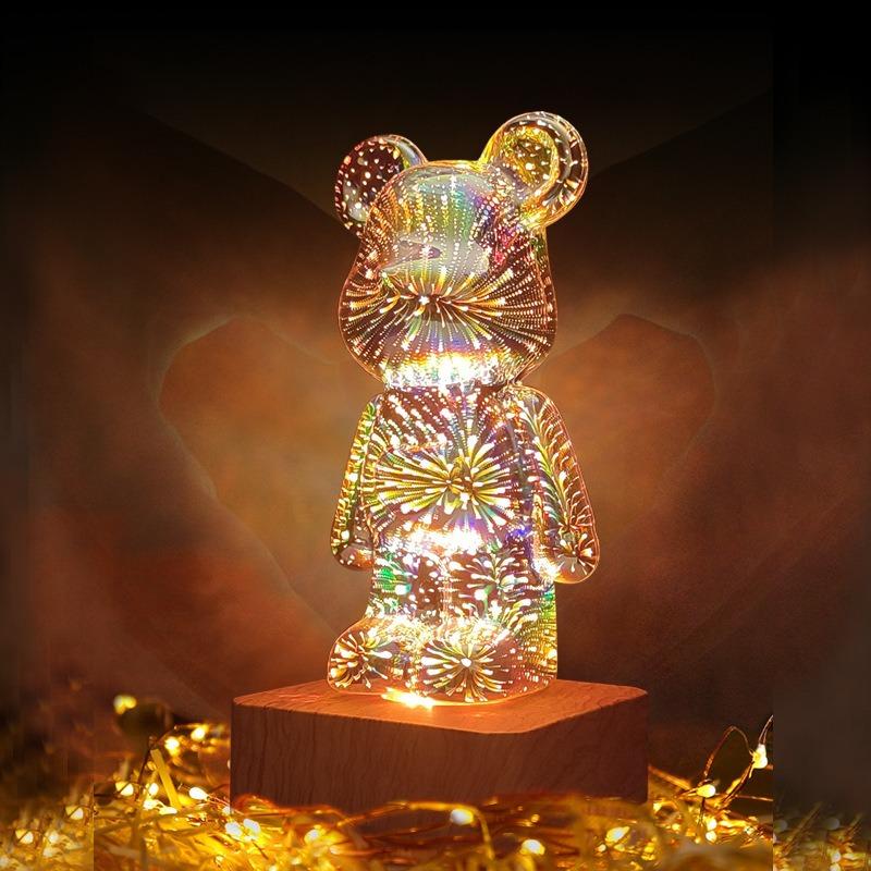 

LED3D Стеклянная настольная лампа для фейерверков Романтический и теплый ночник с изображением маленького медвежонка USB Фэнтезийная атмосфера Красочный ночник