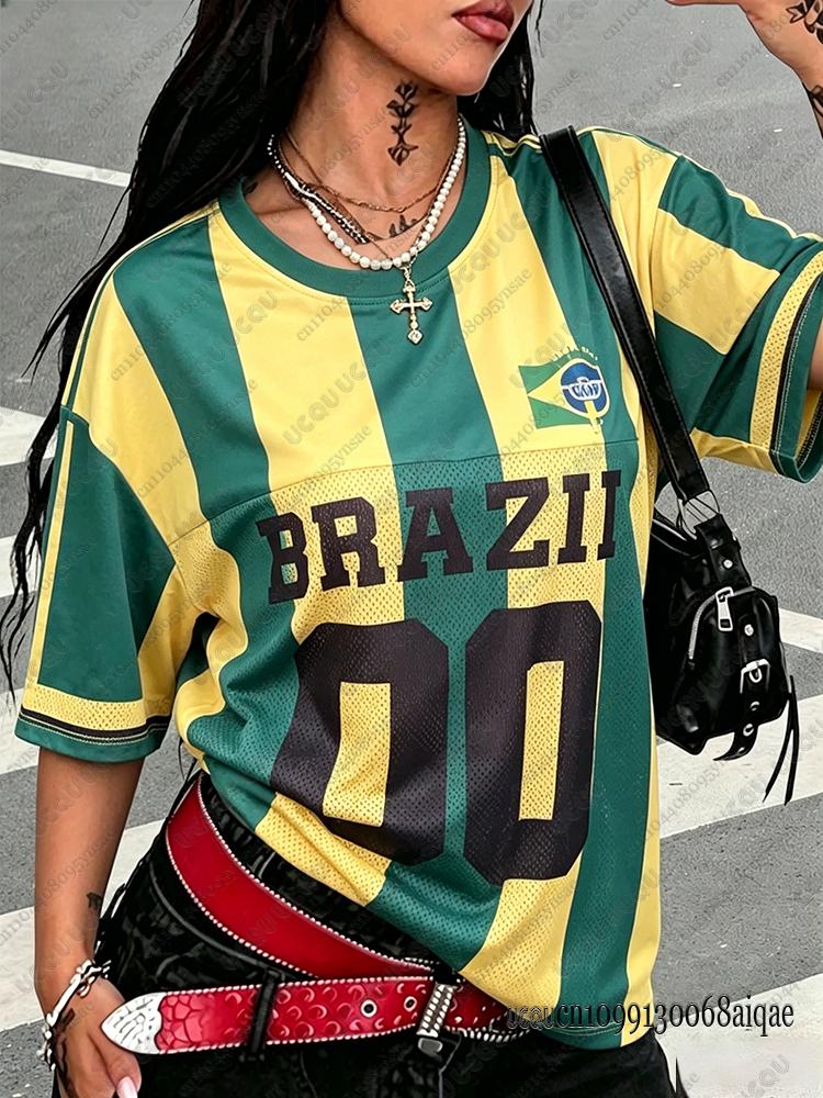 2026 Lato Nowa Brazylia Nr 10 Koszulka z Nadrukiem Dla Kobiet Okrągły Dekolt Patchwork Krótki Rękaw Oversize Sportowa Koszulka Piłkarska Y2K Luźny Top