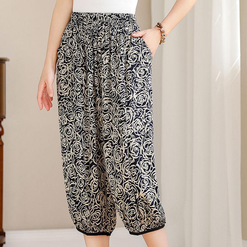 

Летняя женская одежда Брюки для женщин среднего и пожилого возраста Свободные брюки-фонарики Широкие брюки из хлопка и шелка с принтом Повседневные укороченные брюки с высокой талией 3XL