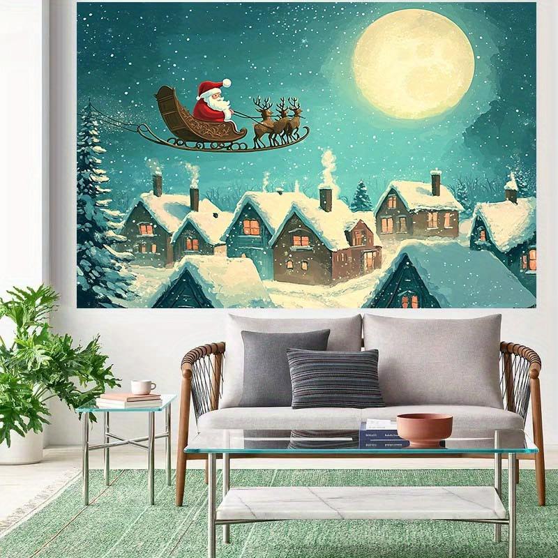 1 Santa Claus Sled and Deer Christmas Night Snow Village Background Cloth Christmas Village Decoration