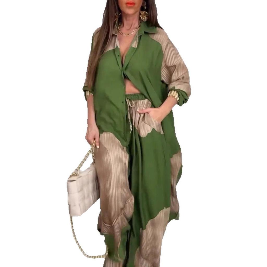 Dameslosvallend Lang Shirt en Wijde Pijpen Broek Set Casual Tweedeelpak in Beige met Grijs Patroon