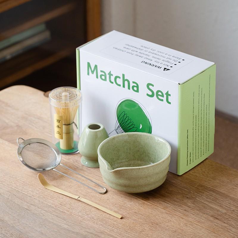 Ceramic Matcha Tea Ceremony Set with Hundred-Pronged Whisk, Whisk Holder, and Brush.