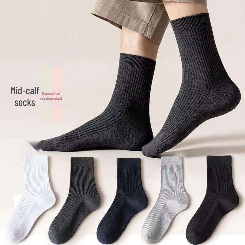 5 Pairs of Black and White Striped Mid-Calf Socks: Autumn/Winter Korean-Inspired Academy Style