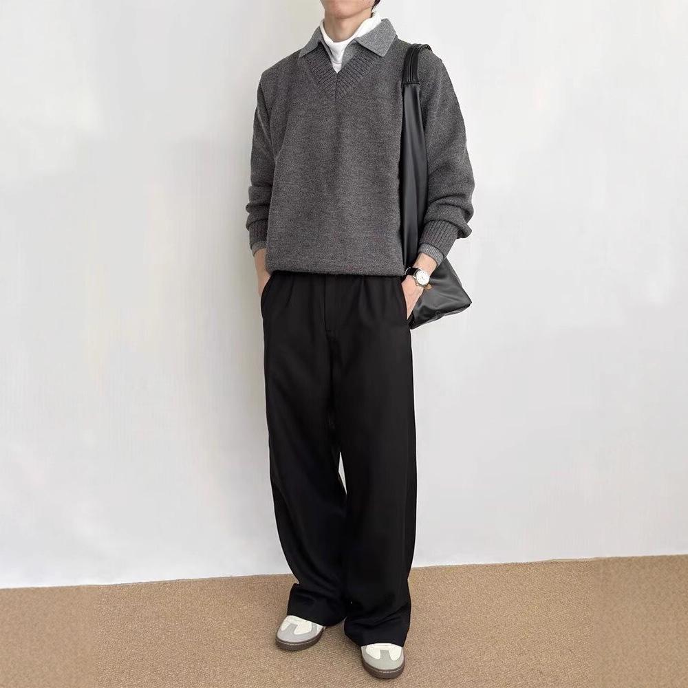 Vintage V-ringad Stickad Pikétröja - Herrhöst Retro Stil