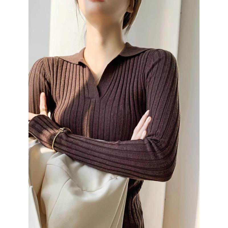 Lapel bottom knitted sweater women's spring and autumn new inner sweater front shoulder lapel slim top