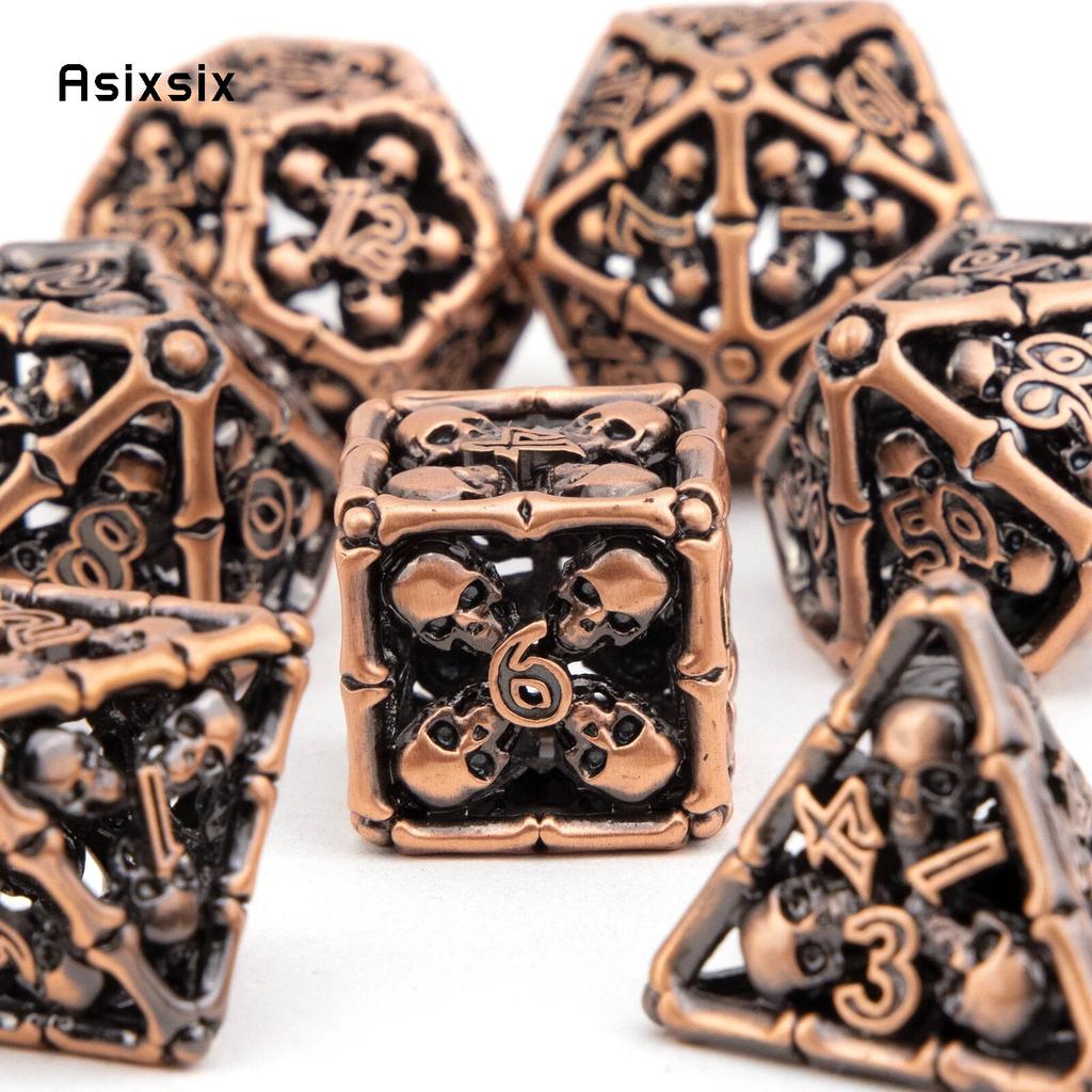 7 Pcs Coppery Skull Head Metal Dice Hollow Metal Polyhedral Dice Set Suitable for Role-Playing RPG  Board Game Card Game