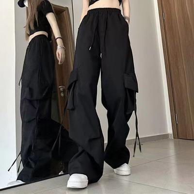 Hip Hop Style Cargo Pants Women Big Pockets Casual Trousers Loose Wide Leg High Waist Solid Color Pants Streetwear