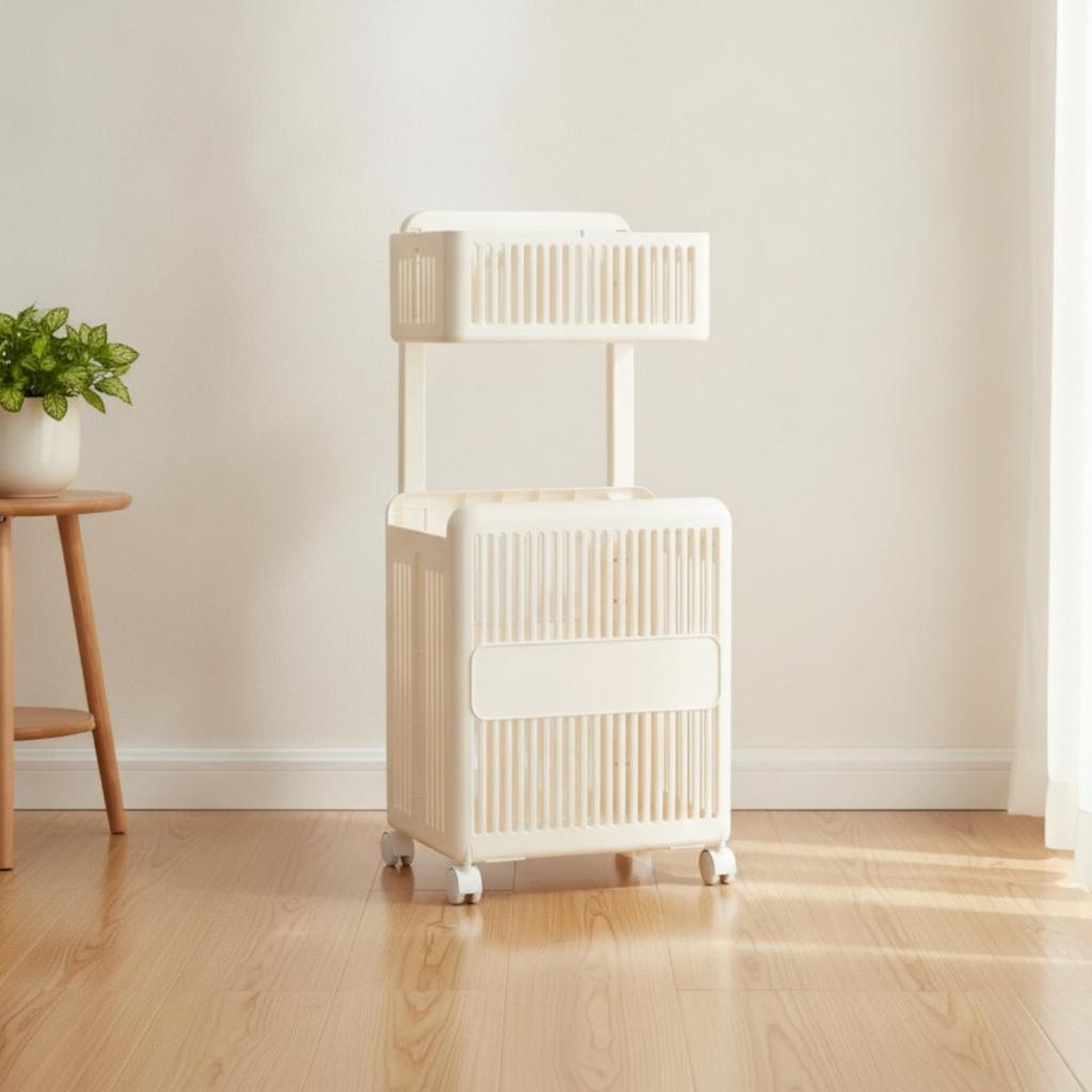 Slatted Laundry Storage Basket with Divider Standing Folding Two-Tier