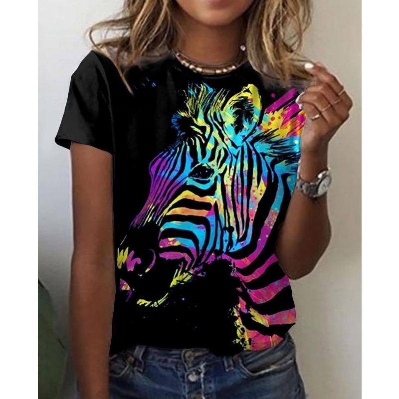 Summer Round Neck 3D Animal Print Top Fashionable Casual Short Sleeved Women's T-shirts
