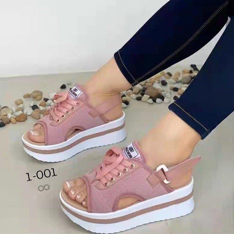 2025 European and American New Muffin Bottom Fish Mouth Lace-up Velcro One-word Buckle with Large Size Casual Women's Sandals