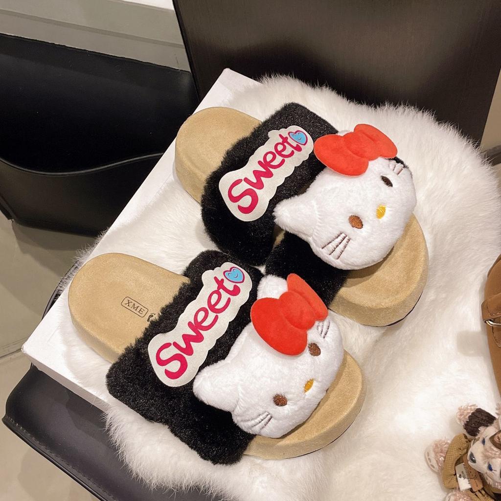2025 Autumn and Winter New Sweet and Cute Kitten Fluffy Slippers Women's Outer Wear Home Non-slip Thick Bottom One-word Cotton Mop