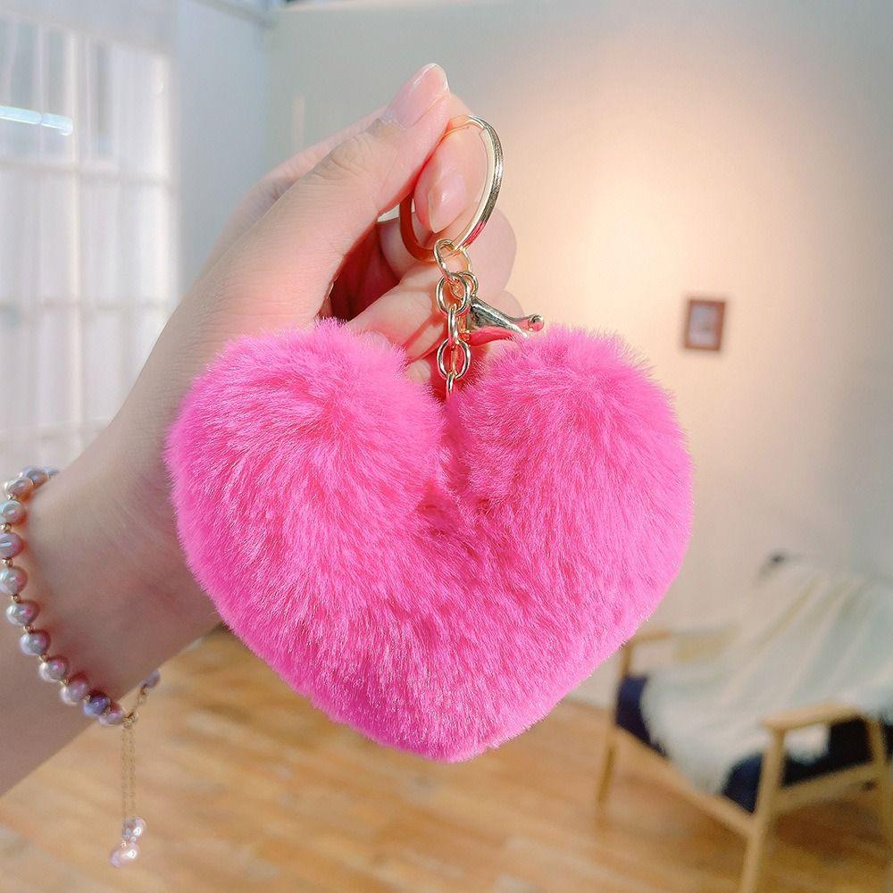 Love Heart Plush Bag Pendant Fluffy Ball Car Key Ring Imitation Rabbit Fur Solid Color Key Chain Bag Accessories