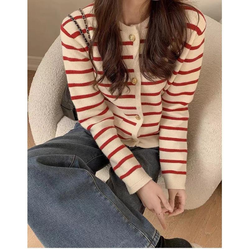 Striped jacket women's new loose casual lazy wind crew neck knitted sweater long sleeve cardigan sweater women