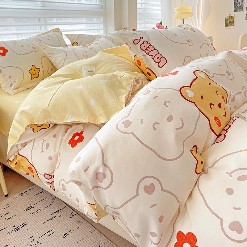 Class A Maternal And Infant Grade Small Fresh Pure Abraded Four-Piece Set Skin-Friendly Bed Sheet Washed Cotton Quilt Cover Student Dormitory 3Pcs Set