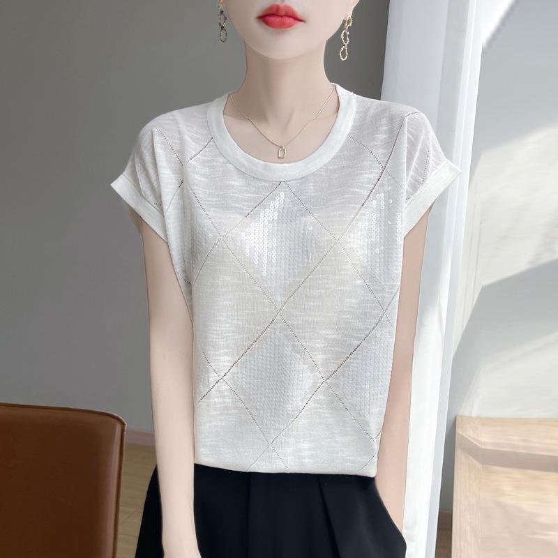 Summer New Round Neck Sequined Knitted Short-sleeved T-shirt Thin Ice Silk Shirt Top for Women