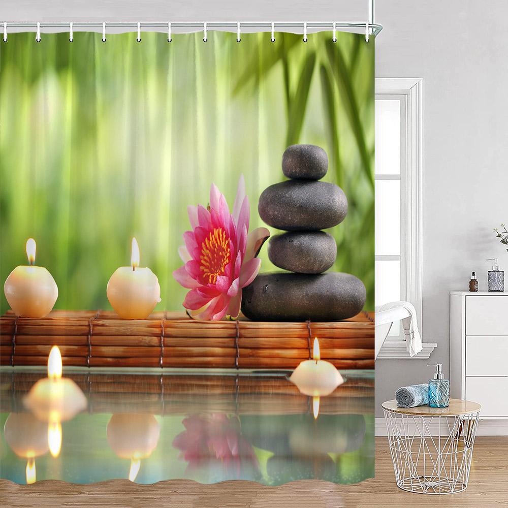 Zen Green Bamboo Shower Curtain Orchid Buddha Meditation Black Stone Candle Stream Plant Bathroom Decor Polyester Bath Curtain