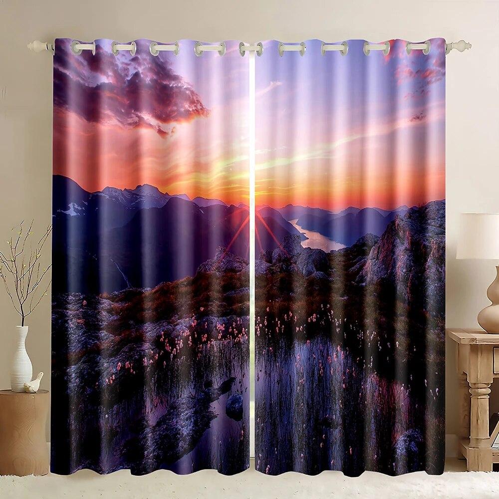 

Занавеска на окно с изображением восхода и пляжа, затемняющая занавеска с лесным прибрежным природным пейзажем для спальни, гостиной, 2 шт. W110xH220(CM)x2PCS-Rod pocket