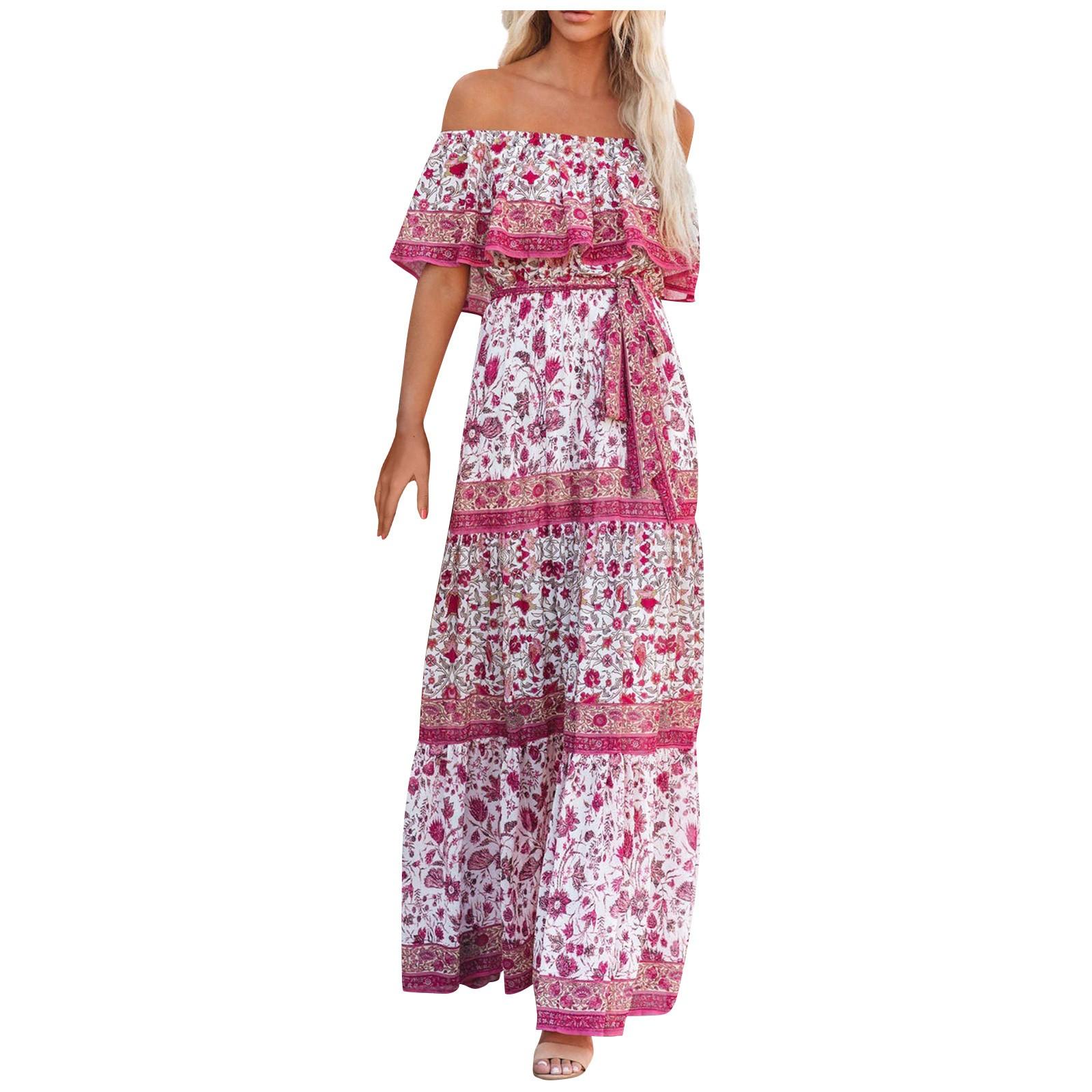 Fashion Women s Casual Summer Printed Elatic Waist Pullover Loose Dress M розовый