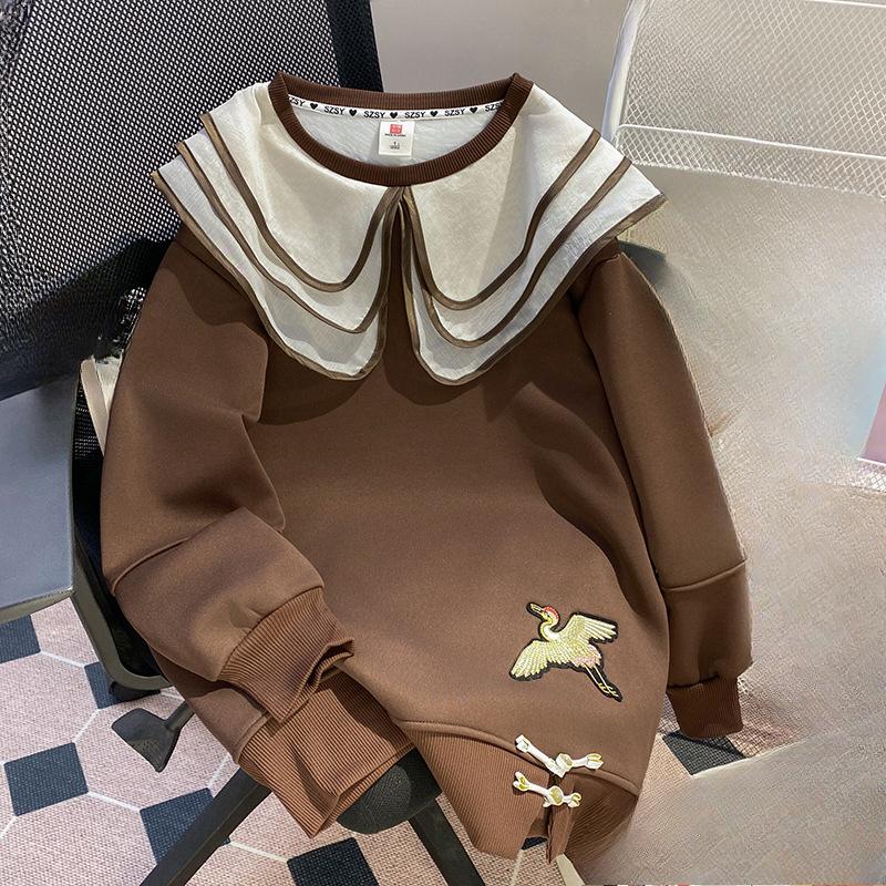 

Стильное худи с очень большим вышитым воротником-стойкой, флисовое и утолщенное, для женщин 3XL кофейный