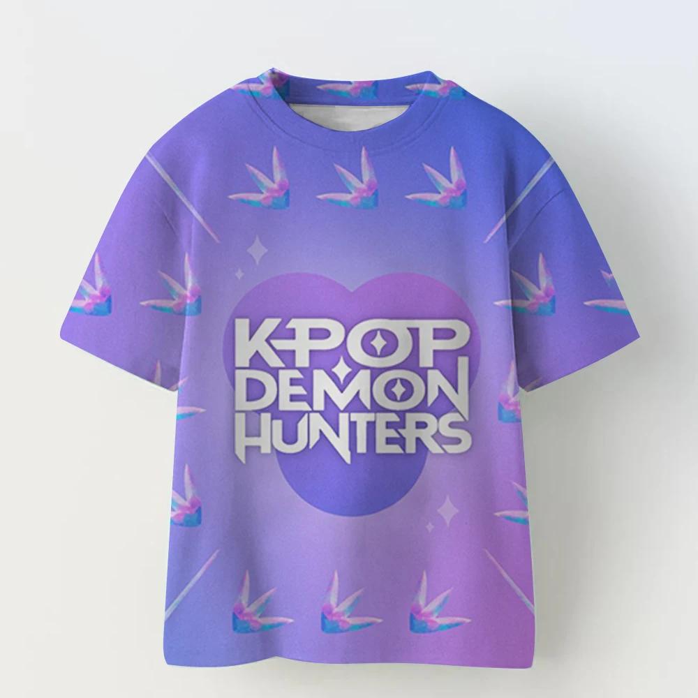 Demon Hunters Kpop T-shirt Girls Boys Short Sleeve Purple  Anime Children's Clothing Huntrix Tiger Harajuku Tops Tshirt Gifts