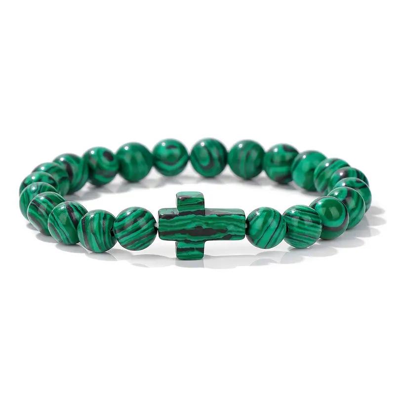 Natural Tiger Eye, Green Aventurine, Turquoise, and Malachite Cross Beaded Bracelet