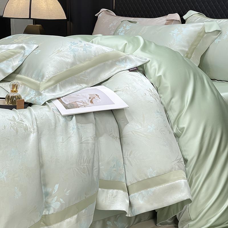 A-Class Tencel Cotton Luxury 4-Piece Bedding Set: Skin-Friendly Jacquard Satin Duvet & Fitted Sheet