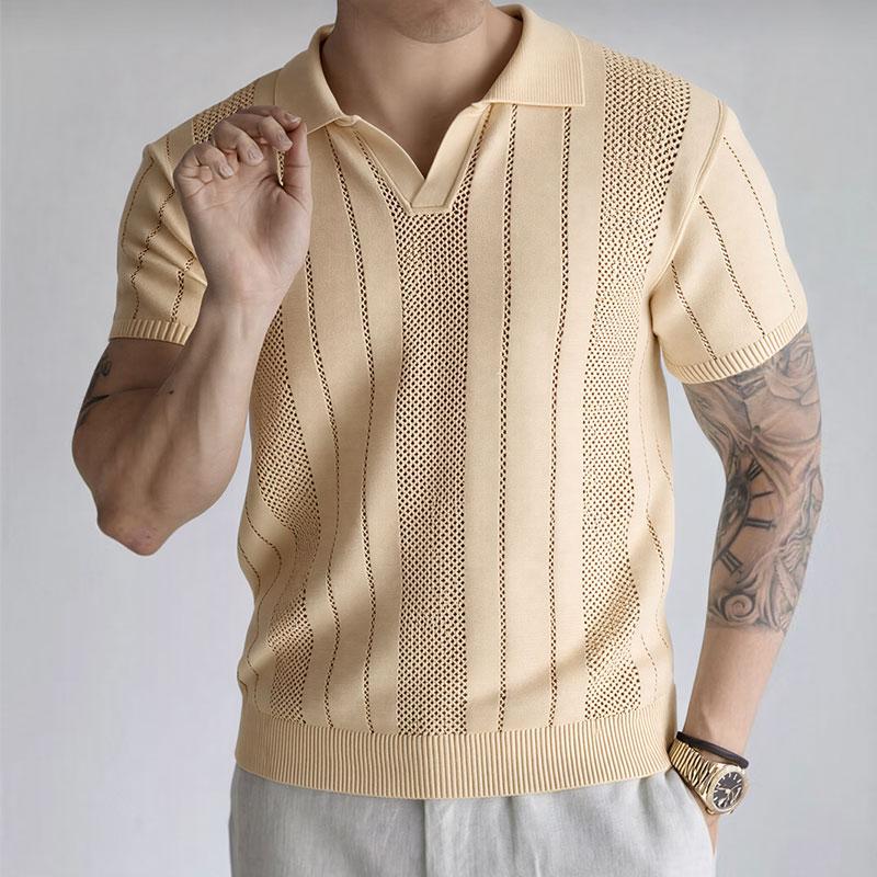 Mens Vertical Hollow Knit Short Sleeve Lapel V Neck Polo Shirt