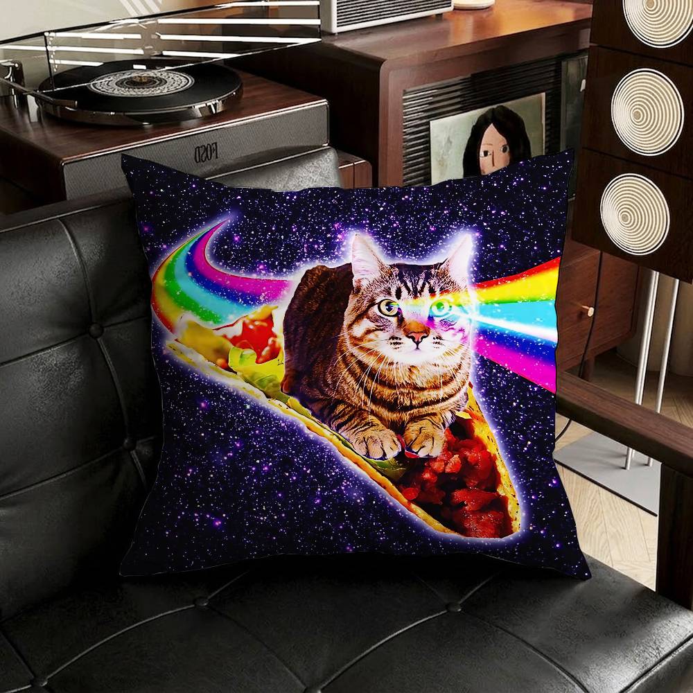 Cute Funny Rainbow Alien Cat Pillow Case Square DoubleSided Printing Short Plush Sofa Cushion Cover Bedroom Bedside Pillow