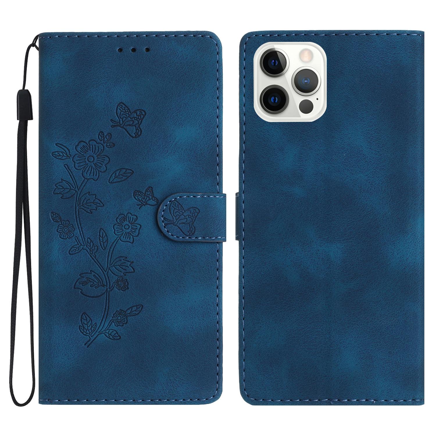 

For iPhone 16 Pro Max Leather Wallet Case Imprinted Flower Flip Protective Phone Cover Blue