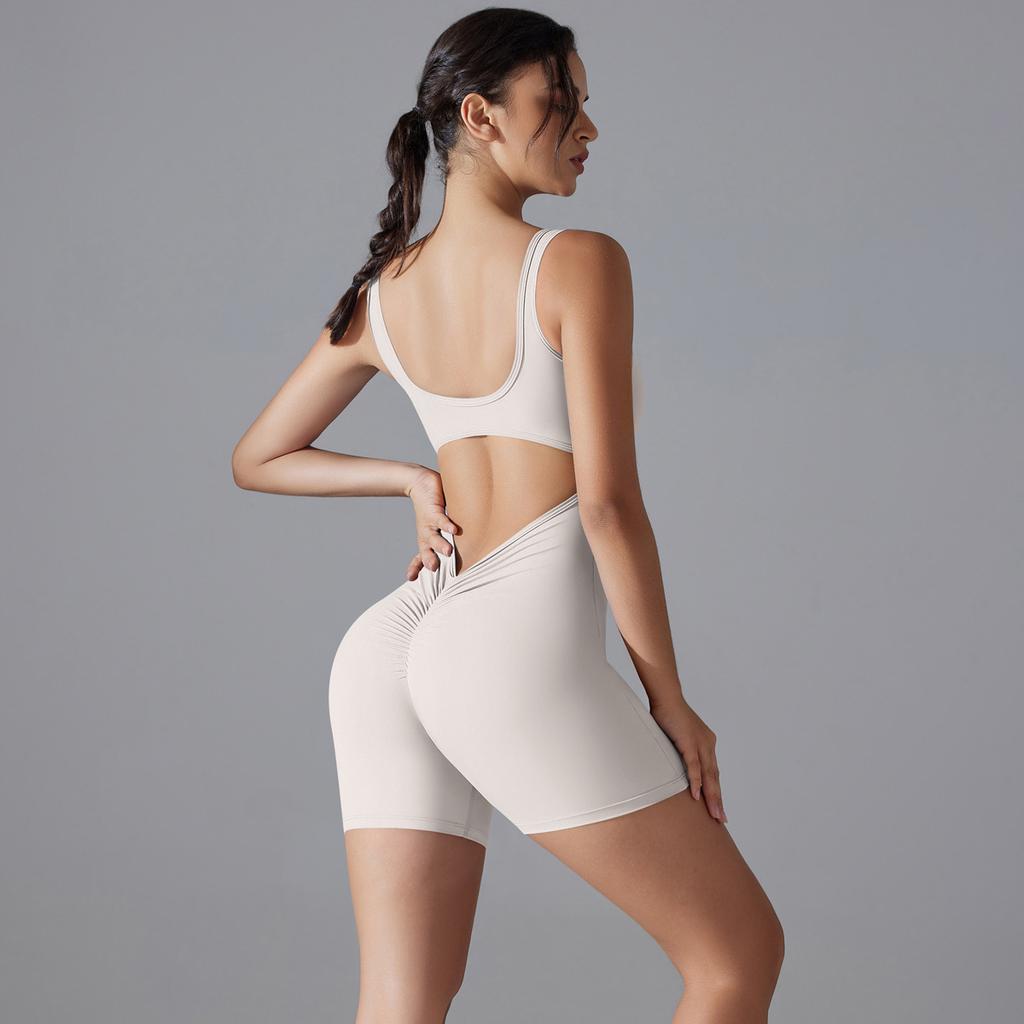 New Double-sided Nylon Nude High Elasticity Peach Hip Solid Color Peach Hip V-waist Tight Shorts Jumpsuit Yoga Suit