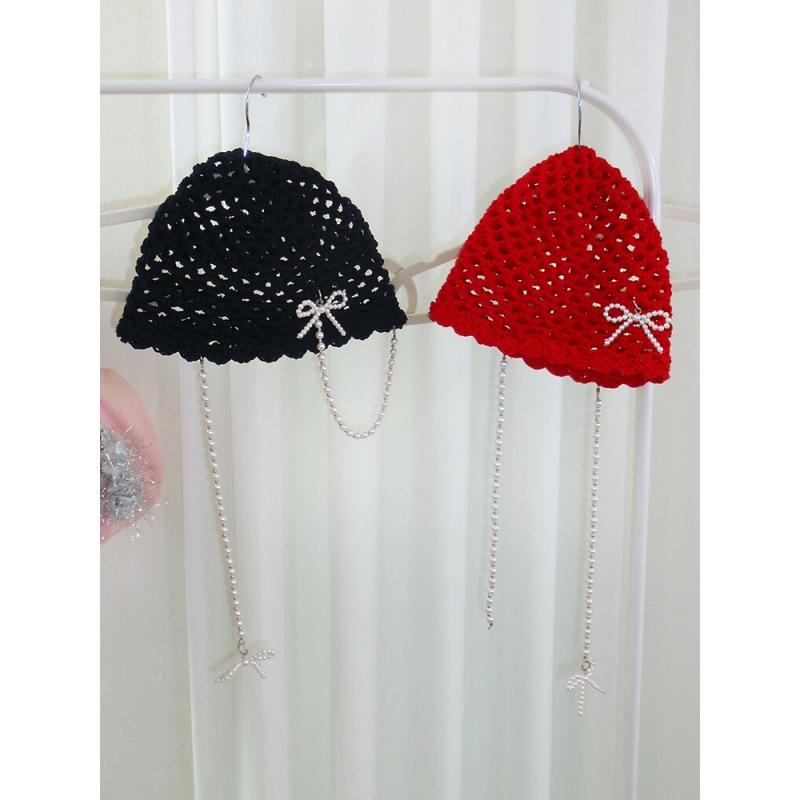 Pearl Bow, Hollow Knitted Wool Cap, Korean Version, Ins, Wrap Cap, Fashion, Hat, Versatile, Show Face Small