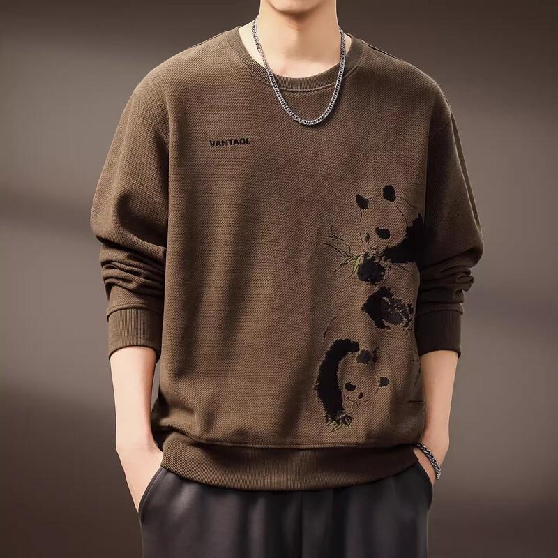 Men's American Retro Panda Print Long Sleeve Crewneck Sweatshirt