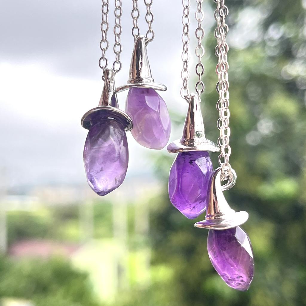 2026 New Natural Amethyst Hexagonal Pendant Necklace Witch Hat Halloween Flying Witch Collarbone Necklace for Women