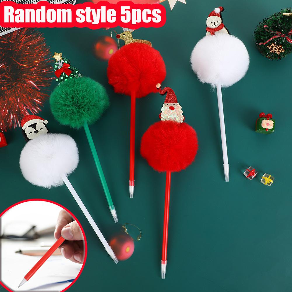 

5pcs Christmas Ballpoint Pen Plush Ball Santa Claus Snowman Elk Cartoon Pen Writing Holiday Advertising Gifts Comfortable Grip Stationery School Offic Random style