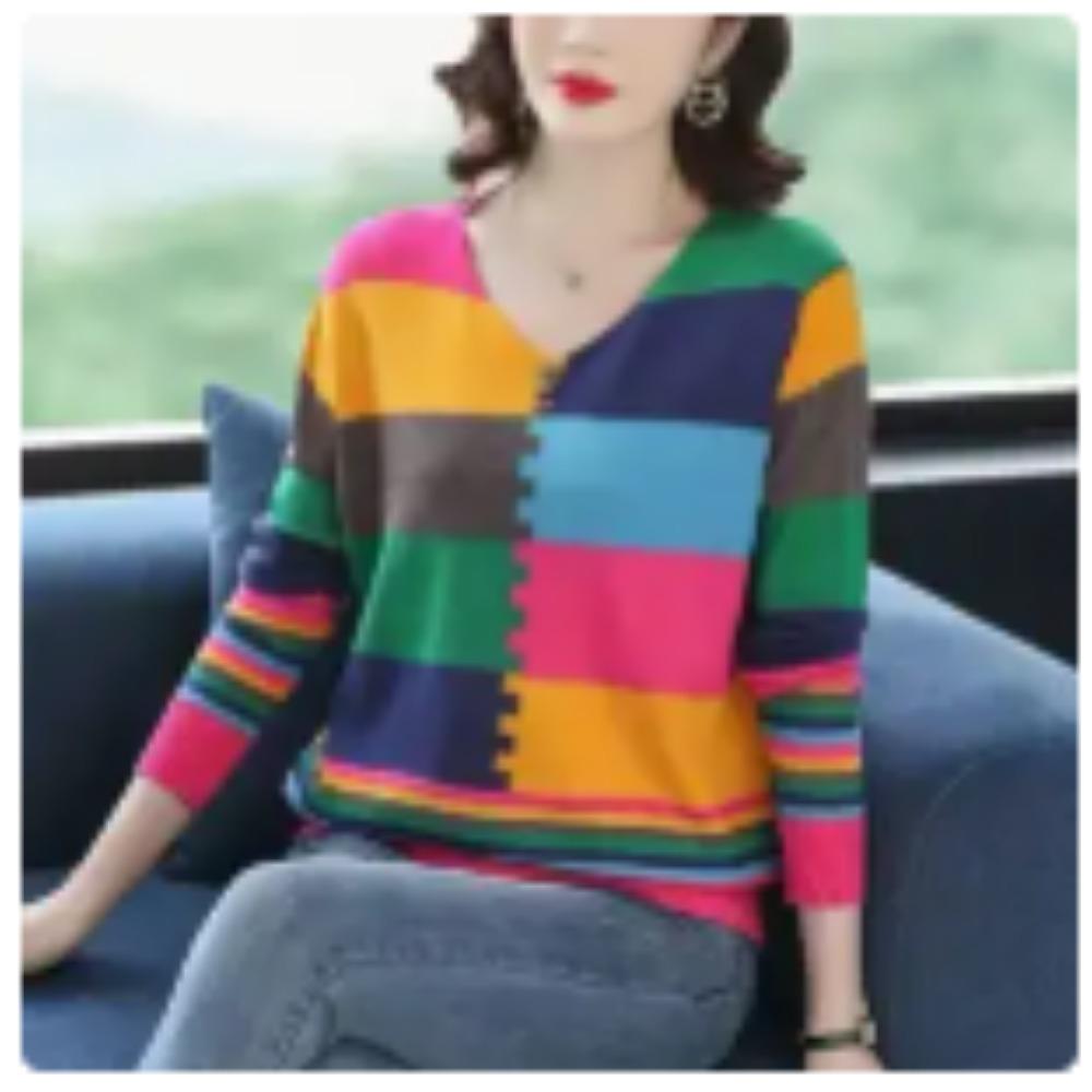 Spring Autumn New V-neck Long Sleeve Fashion Sweater Women High Street Contrast Color Pullovers Elegant Button Patchwork Tops