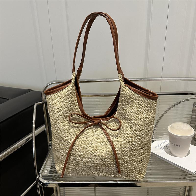 Fashion Color Blocked Bow Decoration Women Casual Woven Tote Bag For Daily Use