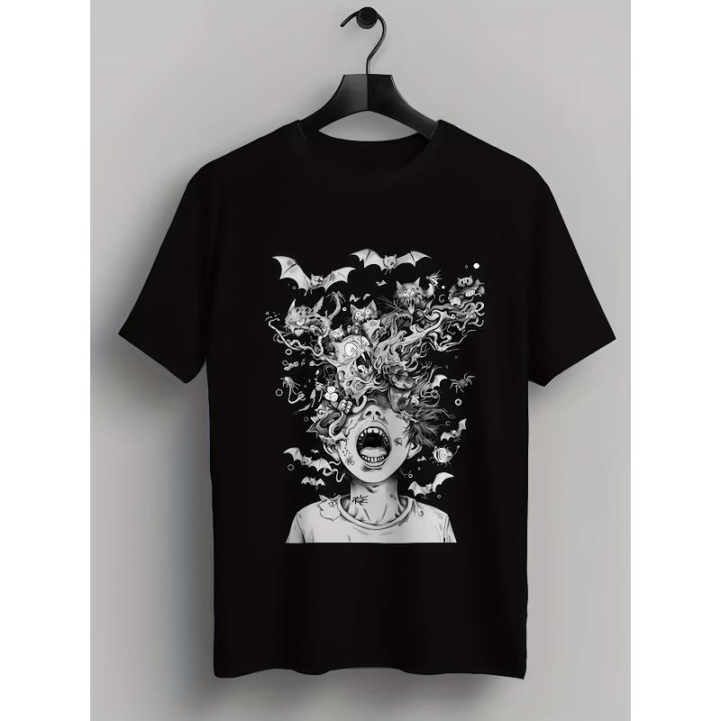 

European sizes Unusual Horror-Themed T-Shirt Featuring Aesthetic Goth Designs with Geometric Shapes. It Has a Spooky Vibe, Comfortable S