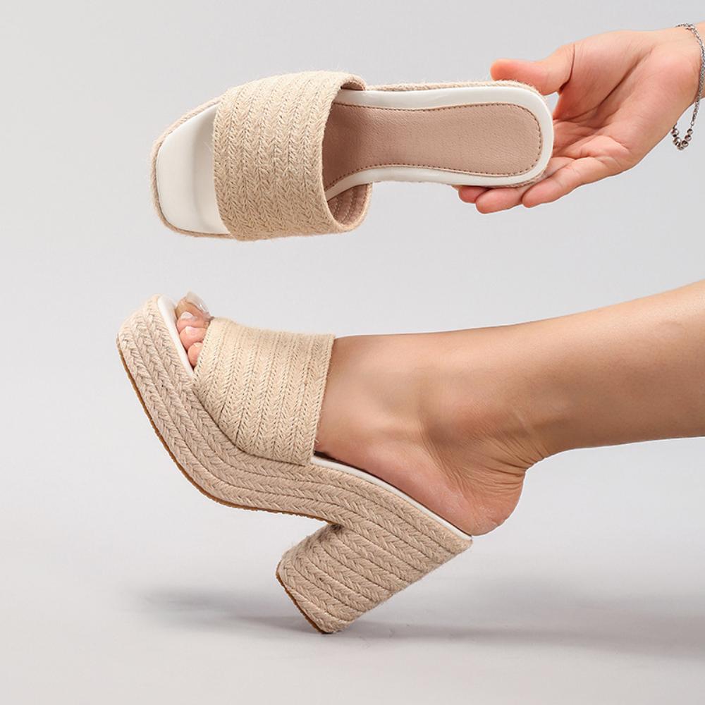 High Heeled Slippers Women's Hemp Rope Wedge Heel Thick Soled Sandals Woven Grass Rope Slippers Waterproof Platform High Heels