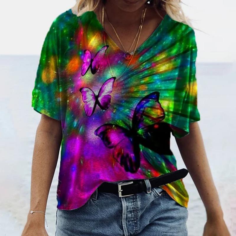 Women's Abstract 3D Printed Painting T-shirt Printed Short Sleeve Casual V-neck T-Shirts Women’s