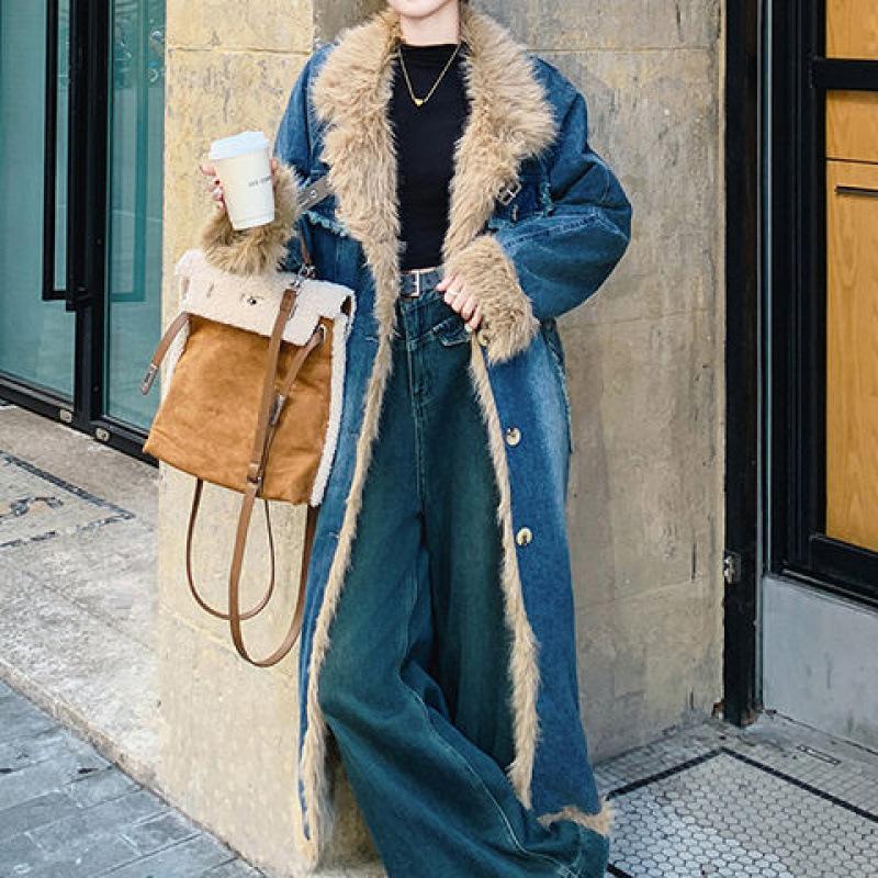 Lamb wool splicing denim cotton jacket women's winter new super good-looking long padded pie overcome coat