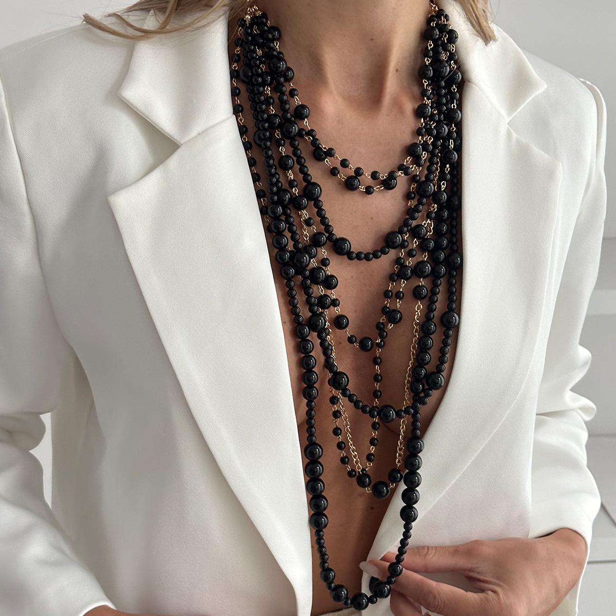 Exaggerated Heavy Industry Stacks Imitation Pearl Necklaces, Fashionable Multi-Layer Long Handmade Beaded Chain Necklaces