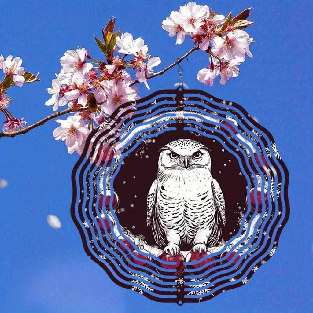 Christmas Owl Wind Spinner 3D Metal Hanging Ornament for Indoor Outdoor Garden Decor Holiday Yard Art Easy Install No Power Needed