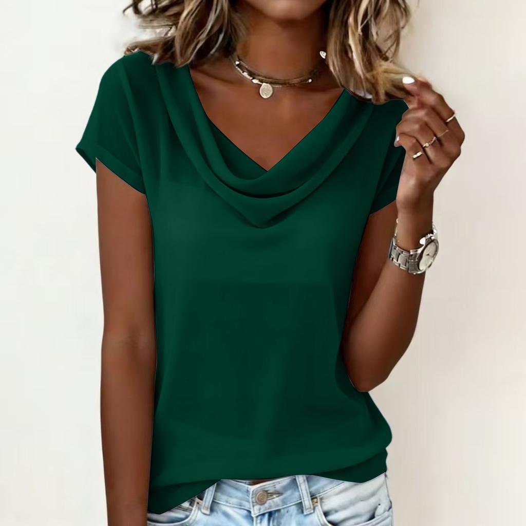 Women’s Short Sleeve Loose Fit Drape Neck Top Casual Relaxed Style Basic T-Shirt Comfortable Soft Fabric Versatile Design for Everyday Wear